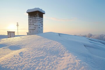 Fototapeta premium Flat Snow. Private House Chimney on Flat Roof Covered with Snow in Winter