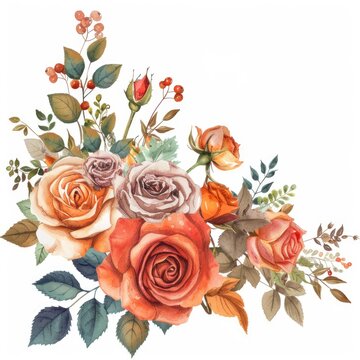 Floral Clip Art. Watercolor Rose Flower Bouquet Corner with Rustic Foliage
