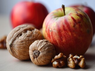 Red apple and walnuts. Generative AI.