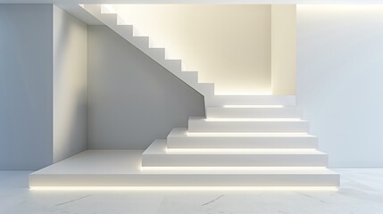 A minimalist staircase with a clean white design and subtle lighting