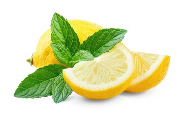 Lemon Mint. Isolated Lemon Fruit and Fresh Mint Leaves on White Background with Clipping Path