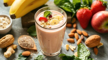 Smoothie in the making with a sugar substitute, surrounded by healthy ingredients, emphasizing a balanced diet