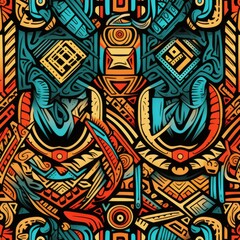 Seamless Pattern of Colorful Geometric Pattern with Traditional Tribe Motifs