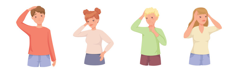 Pensive People Character Scratching Head Thinking and Considering Something Vector Set