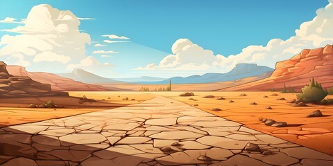 Desert Landscape with Cartoonish Features: Rocky Ground, Disappearing Asphalt Road, and Sun. Concept Surreal Desert, Cartoonish Landscape, Rocky Ground, Disappearing Road, Sun Illustration,