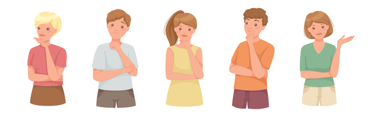 Fototapeta premium Pensive People Character Scratching Head Thinking and Considering Something Vector Set
