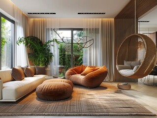 A living room with a hanging swing chair and a large plant. The room has a cozy and inviting atmosphere