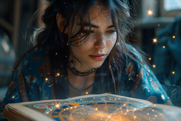 A young woman astrologer makes an astrological forecast. Concept of horoscopes, tarot cards and numerology