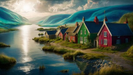 A coastal village surrounded by bright blue hills that stretch along. Charming cottages in red, green and blue tones are comfortably located in the middle of a serene landscape.