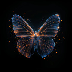 A butterfly with glowing wings is shown in a black background. Transparent neon butterfly on a dark background