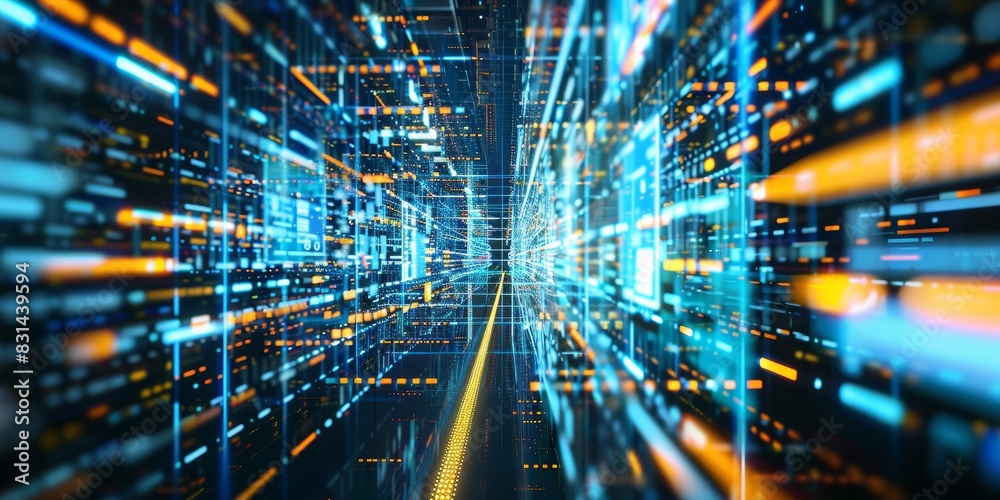 Aufkleber Futuristic digital network with glowing data streams, representing the flow and connection of information in cyberspace, highlighting the importance of technology, Generative AI
