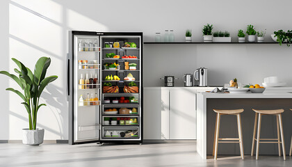 large open refrigerator filled with food in white kitchen