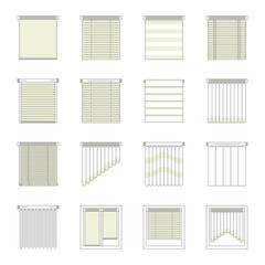 Window Blind, Curtain and Jalousie Thin Line Icon Set Horizontal and Vertical View. Vector illustration of Icons