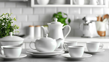 Obraz premium tea set of dishes on the kitchen table against the background of