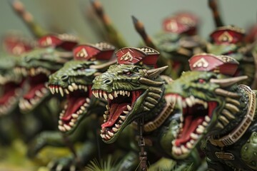 Fototapeta premium Detailed miniature reptilian soldiers poised for combat in a tabletop game scenario