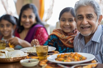 Fototapeta premium Multi-generational Family Enjoying a Meal Together, Emphasizing Diverse Cultures and Family Bond - Perfect for Population Discussions and Social Campaigns