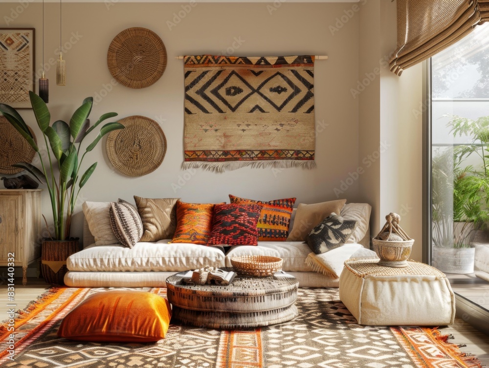 Poster A living room with a white couch, a coffee table, and a rug. The room has a warm and inviting atmosphere with a few decorative elements such as a potted plant, a vase, and a few pillows - Posters