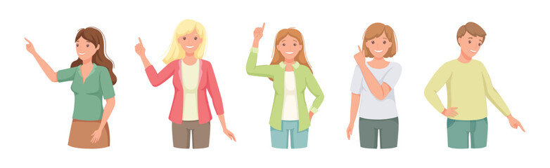 People Character Indicating Something Pointing with Index Finger as Hand Gesture Specifying Direction Vector Set