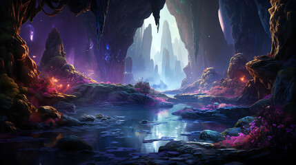 a colorful underground cavern with a river running through it.