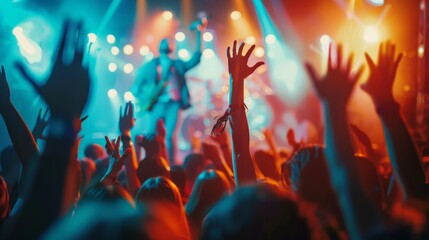 Dynamic concert scene with an enthusiastic crowd raising their hands under colorful stage lights. Captures the energy and excitement.