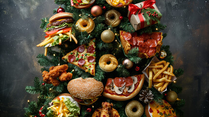 copy space, stockphoto, beautiful christmas tree decorated with brilliant choice of non-traditional Christmas such as glittery fast food like pizza and burgers, french fries, donuts, chicken wraps. Mo
