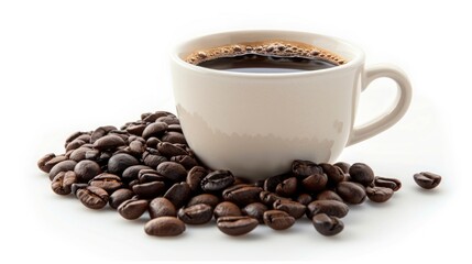 Hot Drink: Coffee Cup and Roasted Beans on White Background, Isolated with Clipping Path