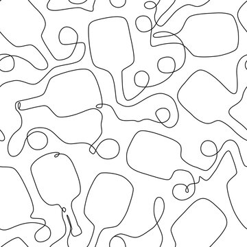Pickleball rackets and balls seamless pattern hand drawn in one line drawing style. Vector black and white summer sport background. Modern continuous art print. Minimal design, wallpaper, textile.