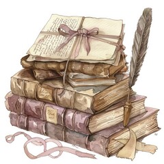 Watercolor Pen. Vintage Envelopes with Bow, Books, and Feather Ink Pen Illustration