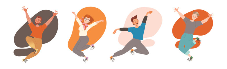 Jumping Man and Woman Character with Happy Face Feeling Joy and Excitement Vector Illustration Set