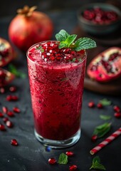 Pomegranate Smoothie - Red with pomegranate seeds and a sprig of mint. 