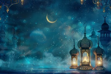 a serene Ramadan scene with traditional lanterns emitting a warm glow against a backdrop of a starry night sky and a crescent moon, all bathed in the tranquil blues of dusk