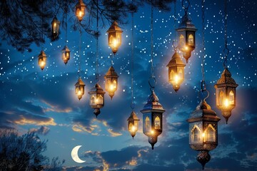 A beautiful night sky with a full moon and many lit lanterns hanging from the trees. The lanterns are lit up and create a warm and inviting atmosphere