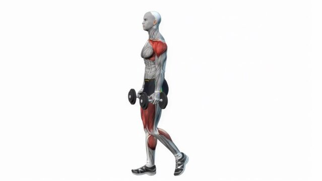 3d animation of dumbbell farmer walk exercise fitness workout with muscle highlighted demonstration