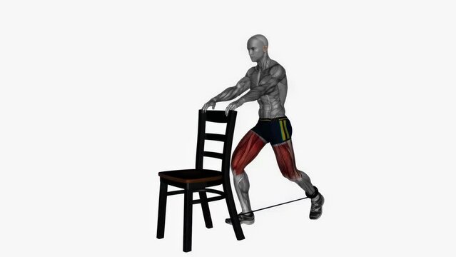 3d animation of chair back lunge left exercise with male muscle highlighted demonstration