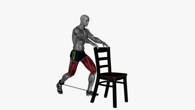 3d animation of chair back lunge right exercise with male muscle highlighted demonstration