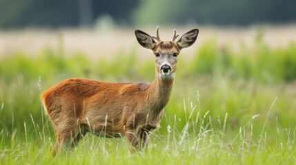 Deer In Grass. Female Roe Deer in a European Wildlife Meadow