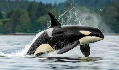 Obraz premium Bigg's orca whale leaping out of water in Vancouver Island, Canada during the daytime showcasing wild marine life and nature.