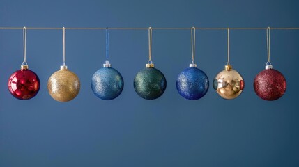 Ornament String. Blue Christmas Baubles Group on Celebration Background