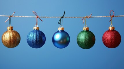 Ornament String. Blue Christmas Baubles Group on Festive Holiday Background