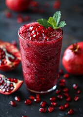 Pomegranate Smoothie - Red with pomegranate seeds and a sprig of mint. 