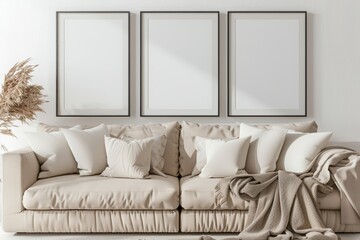 wall art mockup, three vertical blank frame on the wall above beige sofa with white pillows and blanket, simple neutral home decor, empty space for artwork
