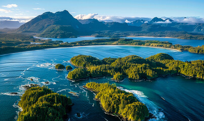 Fototapeta premium Stunning Aerial View of Tofino's Lush Greenery and Pristine Blue Waters in Vancouver Island at Sunset - Serene Coastal Landscape