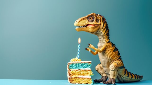 Boy Birthday. Yellow Dinosaur Eating Slice of Birthday Cake with Blue Background