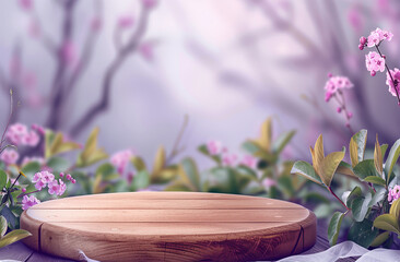 Wooden Display Platform with Pastel Blossoms - Ideal for Spring Decor and Product Photography