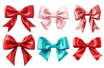 A set of six bows, each with a different color, are arranged in a row Set of png elements.