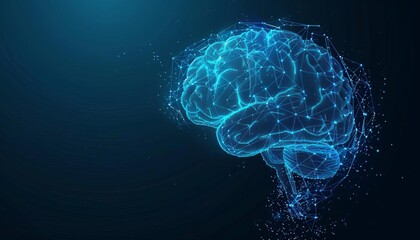 Futuristic digital illustration of human brain with neural network on a dark blue background, representing AI and technology.