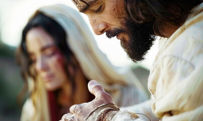 Jesus Healing Woman with Blurred Background, Biblical Scene, Compassion, Ancient Setting, Daytime, Spirituality, Faith, Miraculous Healing