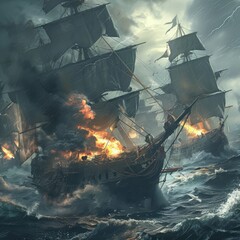 Epic Naval Battle Amidst Stormy Seas of the Age of Sail