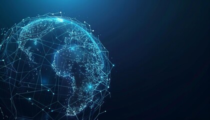 Obraz premium Digital globe with interconnected network nodes and lines on a dark blue background, representing global connectivity and technology.