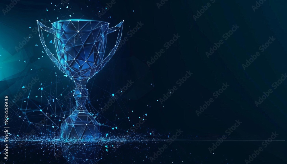 Wall mural digital wireframe trophy with floating particles on dark background representing achievement and suc